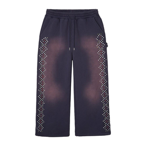 Pantalones casuales de pierna ancha de felpa gruesa con lavado ácido para hombre, con estampado de pedrería, holgados, de pierna recta, 100% algodón - Product Image 1