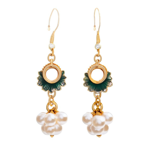 Gold Plated Pearl Floral Hoop Drop Earrings-Vintage Ethnic Religious Jhumki with Oxidized Polish India - Product Image 2