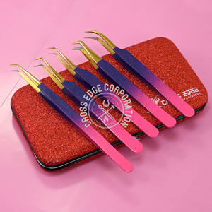 Pinzas para pestañas de etiqueta privada Punta de fibra Pinzas de volumen Pinzas para extensiones de pestañas Brillo antideslizante Juegos de 5 piezas 45 90 grados - Product Image 2