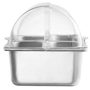 Vassoio da banco in acciaio inox a 4 scomparti per servire e presentare alimenti, con dispenser per condimenti e espositore per buffet - Product Image 1