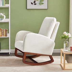 Sedia a dondolo da interno in flanella beige con schienale alto e gambe marroni, sedia da soggiorno con tasca laterale - Product Image 3