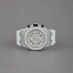 Montre pour homme entièrement sertie de moissanite, cadran blanc à chiffres, mouvement quartz, luxe hip-hop personnalisé avec affichage de la date - Product Image 1