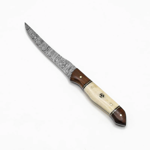Handmade Fillet <b>knife</b> in Damascus <b>bone</b> <b>handle</b> with leather sheath - Product Image 1