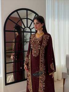 Awais House Women's Maroon Embroidered Chiffon Polyester Lightweight <b>Plus</b> <b>Size</b> Modest Floor-Length Abaya Sweetheart Neckline - Product Image 3