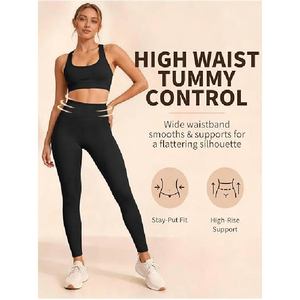 Leggings longs taille haute pour femmes, noirs, en tricot, spandex, nylon, coupe ajustée, respirants, pantalons d'été sportifs - Product Image 5