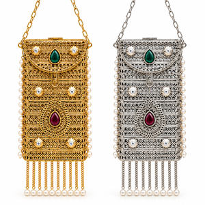 Designer Gold and <b>Silver</b> Tone Classic Cute Minaudiere Bag with Chain Strap and Beaded Fringe Evening Bag - Product Image 1