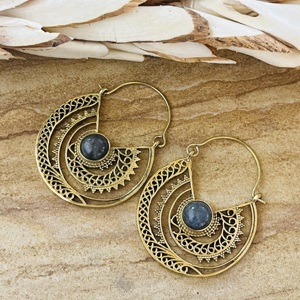 Nuevos Aretes de Aro Geométricos Boho, Joyería Tribal de Latón para Mujer, Acabado de Latón Antiguo, Labradorita Étnica, Venta al por Mayor/OEM/ODM - Product Image 3
