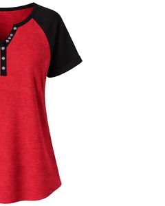 Red Black Women T Shirt Short Sleeve Henley Neck Raglan Tee Soft Cotton Casual Summer <b>Top</b> Breathable Comfortable Daily Wear - Product Image 5