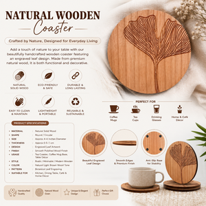 Handcrafted Natural Wood Coaster Set with Engraved Leaf Design| Round Wooden Drink Coasters for Coffee Tea Cups <b>Table</b> Protection - Product Image 5