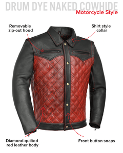 <b>Men's</b> Motorcycle <b>Leather</b> <b>Jacket</b> Red Diamond Quilted Body Black Sleeves Shirt Collar Button Snaps - Product Image 2