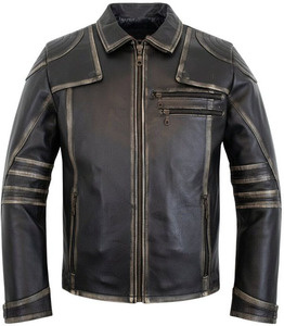 Blouson moto en cuir noir à prix réduit pour homme, style vintage roadster, avec épaulettes renforcées et multiples poches zippées - Product Image 1