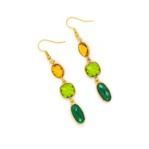 ต่างหูห้อยประดับพลอยหลากชนิดสไตล์โบฮีเมียนรูปดอกไม้สีเขียวซิทรินเพอริดอตและออนิกซ์ |   ขอบตัดลายตารางทำมือ ชุบทอง 18K - Product Image 2