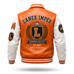Custom Orange <b>White</b> Leather Varsity <b>Jacket</b> for <b>Men</b> Premium Letterman Bomber <b>Jacket</b> with Chenille Embroidered Patches OEM Service - Product Image 3