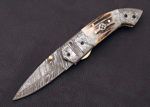 Cuchillo de bolsillo plegable de acero de Damasco hecho a mano con punta de caña, mango de cuerno - DIY OEM, regalo multifuncional de aniversario para él - Product Image 5