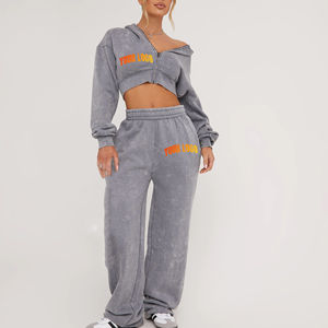Custom Logo Acid Wash Cropped Hoodie Set <b>Women</b> Two Piece Tracksuit High Waist Wide Leg Sweatpants Casual Gymwear <b>Lounge</b> Set - Product Image 4