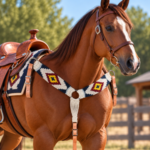 Collar de Pecho para Caballo Estilo Western con Cuentas, Patrón Navajo, Extremos de Cuero y Lana, Tallas Personalizadas COB//FULL, Hecho en Uttar Pradesh - Product Image 3