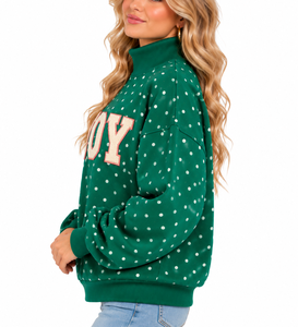 OEM <b>Women's</b> <b>Christmas</b> <b>Sweatshirt</b> Oversized Mock Neck Green JOY Letter Applique Embroidery Cream Cotton Pullover - Product Image 6