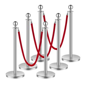 Set di 6 Pali in Acciaio Inox con Corde in Velluto, 3 Pali Rossi in Velluto, Barriere per Controllo Folla, Supporti per Striscioni, Pali in Velluto - Product Image 1