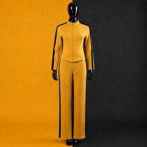 Ensemble de yoga jaune 2 pièces avec bande latérale noire, fermeture éclair intégrale sur le devant, col montant, extensible, en polycoton - Product Image 1