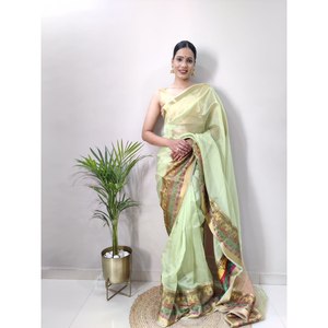 TRENDY ORGANZA BORDÉ PRÊT À PORTER SAREE AVEC BLOUSE NON COUCHÉE MINT - Product Image 1