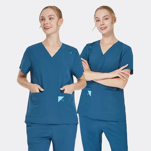 Ensemble d'uniformes médicaux unisexes à col en V avec pantalon droit et haut en tissu tricoté écologique - Product Image 4