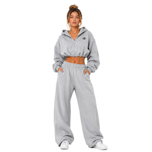 New Elastic Hem Oversized Hooded <b>Cropped</b> <b>Zip</b>-<b>Up</b> Sweatshirt Custom Tracksuit Matching Wide-Leg Sweatpants Set <b>Cropped</b> Winter Wear - Product Image 1