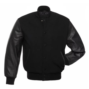 Chaqueta Varsity Negra para Hombre, Corte Regular, Cuello Alto, Cierre de Botones, Forro Polar Impermeable, Estilo Casual - Product Image 1