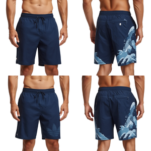 Shorts de bain modernes pour hommes, motif vague côtière, avec impression numérique premium, tissu léger à séchage rapide et style athlétique pour la plage - Product Image 1