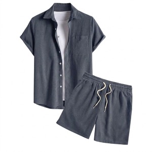 Conjunto de camisa de manga corta de algodón para hombre, color sólido, informal, para verano, tela transpirable, pantalones cortos con cordón, camisa con botones. - Product Image 1
