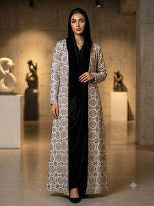 Material base de algodón negro tejido con bordado circular de mandala y lentejuelas para chaqueta étnica de mujer, lehenga nupcial, abaya. - Product Image 2