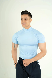<b>Men</b> Light Blue <b>Turtleneck</b> Short Sleeve Slim Fit Compression Shirt Breathable Knitted Workout Gym Top - Product Image 1