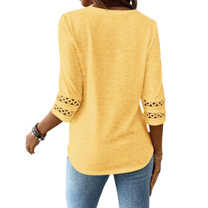 Blusa Casual de Verano para Mujer, Cuello Redondo, Manga Tres Cuartos, Corte Regular, 100% Algodón, Transpirable, con Detalle de Encaje, para Uso Diario - Product Image 2