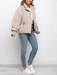 <b>Women's</b> <b>Beige</b> Quilted Puffer <b>Jacket</b> Full Sleeve Stand Collar Zipper Closure Solid Color Winter Thick Short Coat - Product Image 6