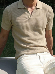 Chemise en tricot gaufré de couleur unie pour hommes, manches courtes, haut décontracté, fin - Product Image 4