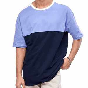 Camiseta Oversize de Hombre con Bloques de Color, Cuello Redondo, Manga Corta, Tejida, Casual, Azul Marino Sólido, Estilo Urbano - Product Image 1