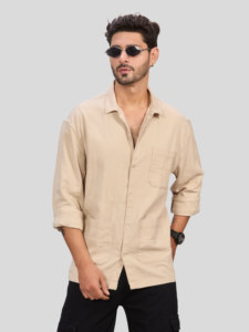 เสื้อเชิ้ตแขนยาวสีเบจสำหรับผู้ชาย ผ้าฝ้ายทอสีพื้นทรงพอดีตัว - Product Image 5