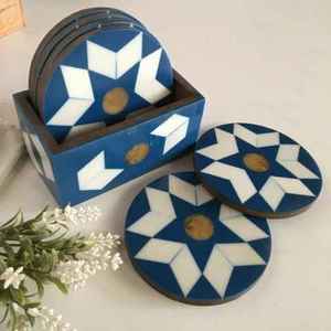 Modern Acacia Coaster Set <b>Round</b> 5mm Thick Reusable <b>Mats</b> & Pads Set of 4 with Wooden Stand - Product Image 5