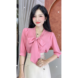 Chemise à manches longues pour femme 150 GSM toutes saisons avec grand nœud papillon, haut uni décontracté pour le bureau, ODM du Vietnam - Product Image 4