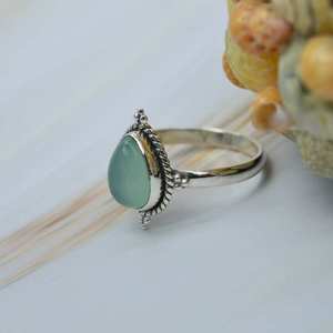 Natural Aqua Chalcedony Smooth Pear Shape Carved Gemstone Ring 925 Sterling <b>Silver</b> Party Wear Fashion Jewelry Wholesale Bulk - Product Image 2
