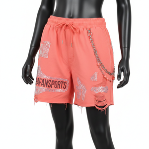 Shorts cortavientos para mujer, tela de nailon premium, color rosa coral sólido, con pedrería termoadhesiva, logotipo personalizado, shorts con cadena para mujer - Product Image 6