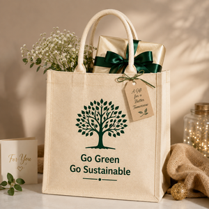 ถุงช้อปปิ้งผ้ากระสอบขนาดกลาง ลายตัวอักษร Go Green Go Sustainable  แบบเรียบ สำหรับงานแต่งงาน ใส่ของชำ หูหิ้วยาว - Product Image 5