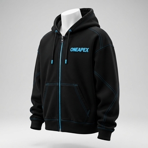 Men's Black Zip Up <b>Hoodie</b> Blue Contrast <b>Stitching</b> <b>Oversized</b> Streetwear Fleece Jacket Casual Sportswear Custom Wholesale - Product Image 1