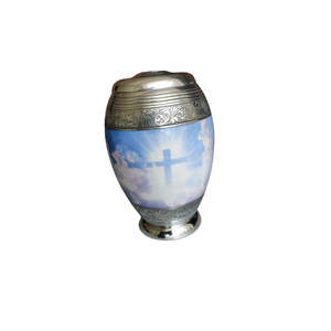 Urne commémorative en métal bleu foncé moucheté avec couvercle gravé à la main motif bambou argenté pour la crémation - Product Image 2