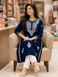 Elevate Your Everyday Ethnic Style with This Elegant Navy Blue Embroidered <b>Kurta</b> Buy Direct From Supplier - Product Image 3