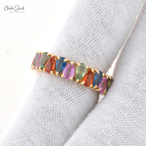 Bague de mariage classique en or jaune 14 carats avec diamants et bande éternité en saphirs multicolores taille poire 5x3mm authentiques pour anniversaires – Vente en gros - Product Image 4