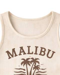 Ensemble deux pièces décontracté d'été pour femme : débardeur court côtelé beige et short, imprimé Malibu, sans manches, col rond, personnalisable - Product Image 5