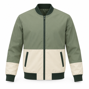 Chaqueta Bomber para Hombre, Talla Grande, con Bloques de Color, Verde Oliva y Beige, Cuello Alto, Cierre de Cremallera, Estilo Casual, para Otoño - Product Image 1