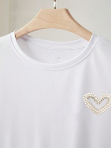 Camiseta Casual de Lujo para Mujer, con Cuentas de Imitación de Perla, Cuello Redondo, Manga Corta, Blusa de Verano con Gráficos de Pedrería - Product Image 4