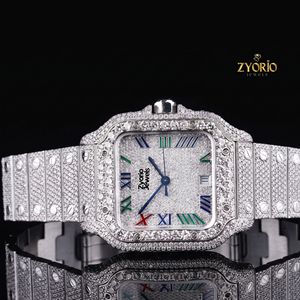 Montre mécanique de luxe carrée entièrement pavée de moissanite, cadran multicolore à chiffres romains, bracelet en acier inoxydable - Product Image 3