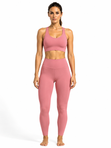Conjunto de Yoga Rosa de 2 Piezas: Top Corto Racerback y Leggings de Cintura Alta, Sin Costuras, Color Sólido, Transpirable, de Secado Rápido y Ecológico - Product Image 4